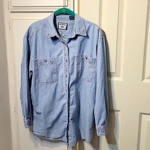 Vintage Lee Embroidered Denim Pink & Yellow Rose Button Up Shirt Size M